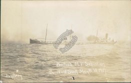 British M.V. Ship Sebastian, Burned & Sunk May 1917 Real Photo RP WWI Postcard