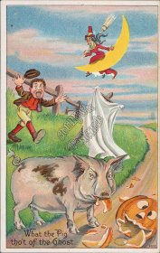 Pig Eating JOL, Witch, Moon - Early 1900's Embossed Halloween Postcard