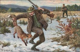 Man w/ Hunting Rifle, Fox - Early 1900's Artist Signed Postcard