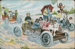 Group of Kids Riding / Driving 3 Cars - 1906 Postcard