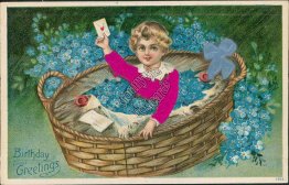 Girl w/ Silk Outfit Inside Basket - Early 1900's Birthday Greetings Postcard