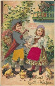 Boy & Girl Holding Hands, SILK Outfits - Early 1900's Easter Embossed Postcard