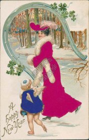 Woman, Cherub Ice Skating, SILK Dress / Outfit - 1907 New Year Postcard