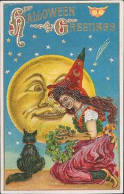 Witch, Black Cat, Large Moon Face HALLOWEEN Winsch Unsigned Postcard
