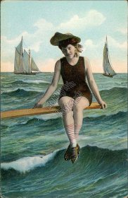 Bathing Beauty, Sailboats - Early 1900's Postcard