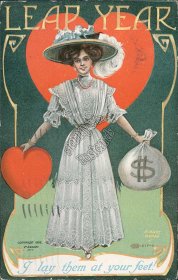 Woman Holding Heart, Money Bag - 1908 Leap Year Embossed Postcard