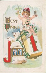 Boy w/ Hourglass, Polar Bear, Calendar - Early 1900's Embossed New Year Postcard