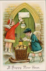 Angels w/ Money Bags, Sled - New Year Embossed Postcard