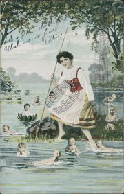 Woman, Cane Fishing Pole, Babies in Pond - Early 1900's Postcard