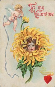 Sunflower Girl, Floral Face, Cherub, Valentine - 1909 Embossed Postcard
