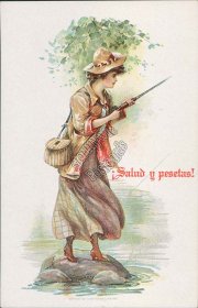 Woman w/ Fishing Rod, Salud y Pesetas Pre-1907 Postcard