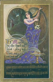 Woman Playing Harp w/ Skull, Sheet Music Winsch Unsigned Postcard