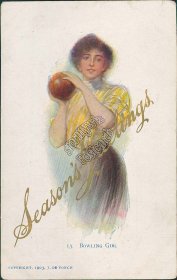 Bowling Girl - J. De Yonch - Early 1900's Postcard