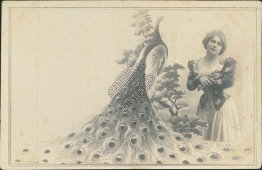 Woman, Peacock - Delna - Reutlinger Signed - Early 1900's French Postcard