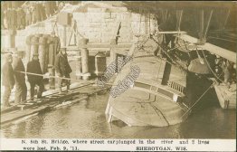 8th St. Bridge, Trolley Street Car Wreck in River, Sheboygan WI 1911 RP Postcard