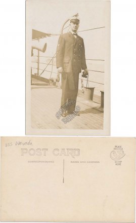 US Navy Officer Holding Binoculars, USS Nevada - Early 1900's RP Postcard