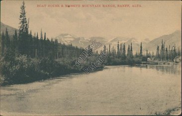 Boathouse & Massive Mountain Range, Banff, Alberta AB - Early 1900's Postcard