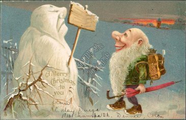 Snowman, Elf w/ Umbrella, Backpack 1906 Embossed TUCK Fantasy Christmas Postcard