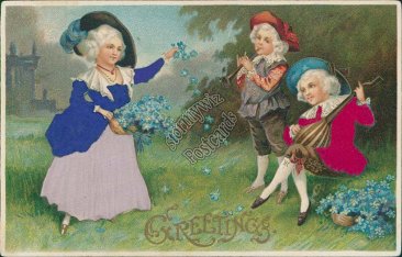 Victorian Lady, Kids w/ Banjo, Flute - Early 1900's Silk Greetings Postcard